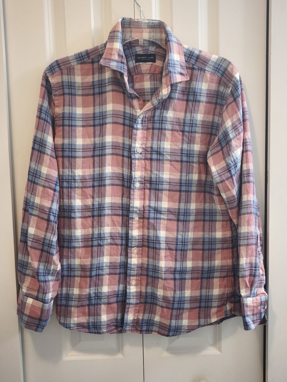 Proper Cloth Men's Cotton Linen Plaid Button Down Shirt Pink Blue 15.5 31
